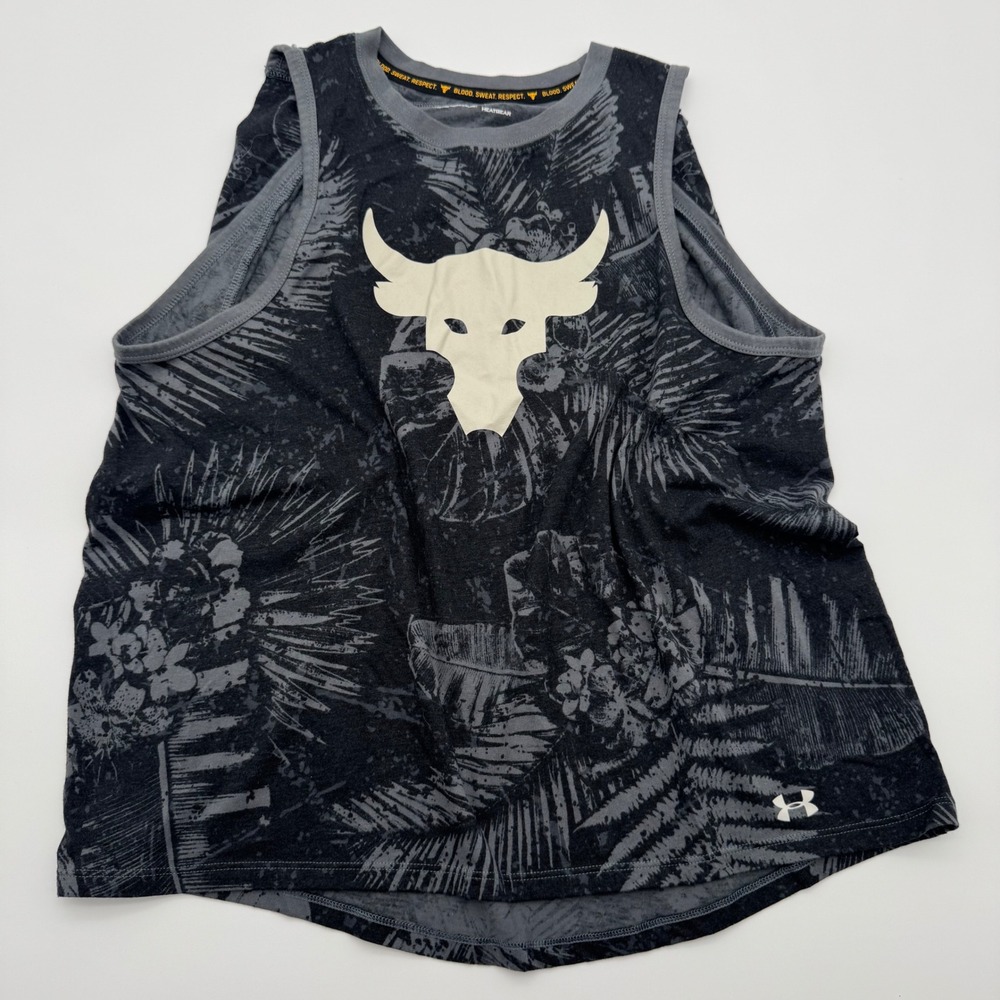 Under Armour Project Rock Brahma Bull Tank Top Small Gray Palm Print HeatGear
